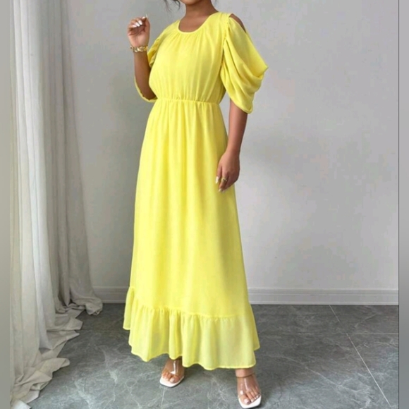 Women's Ruffle Shoulder Sleeve Patchwork Hem Yellow Chiffon Dress, French Refres - Picture 5 of 6